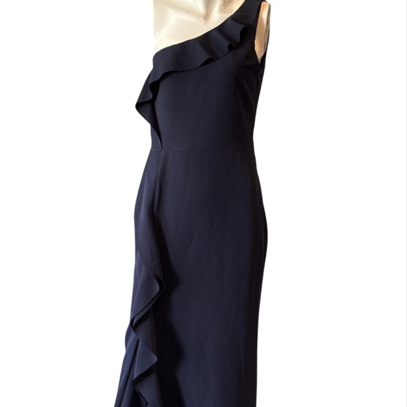 Xscape Elegant One Shoulder Ruffled Navy Scuba Maxi Dress Size 6 - Picture 3 of 11